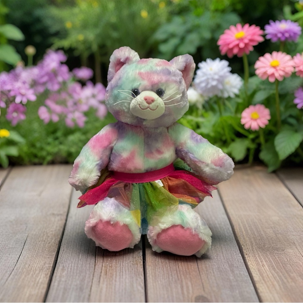 Build A Bear Workshop Colorful Tie-Dye Cat Plush with Rainbow Tutu